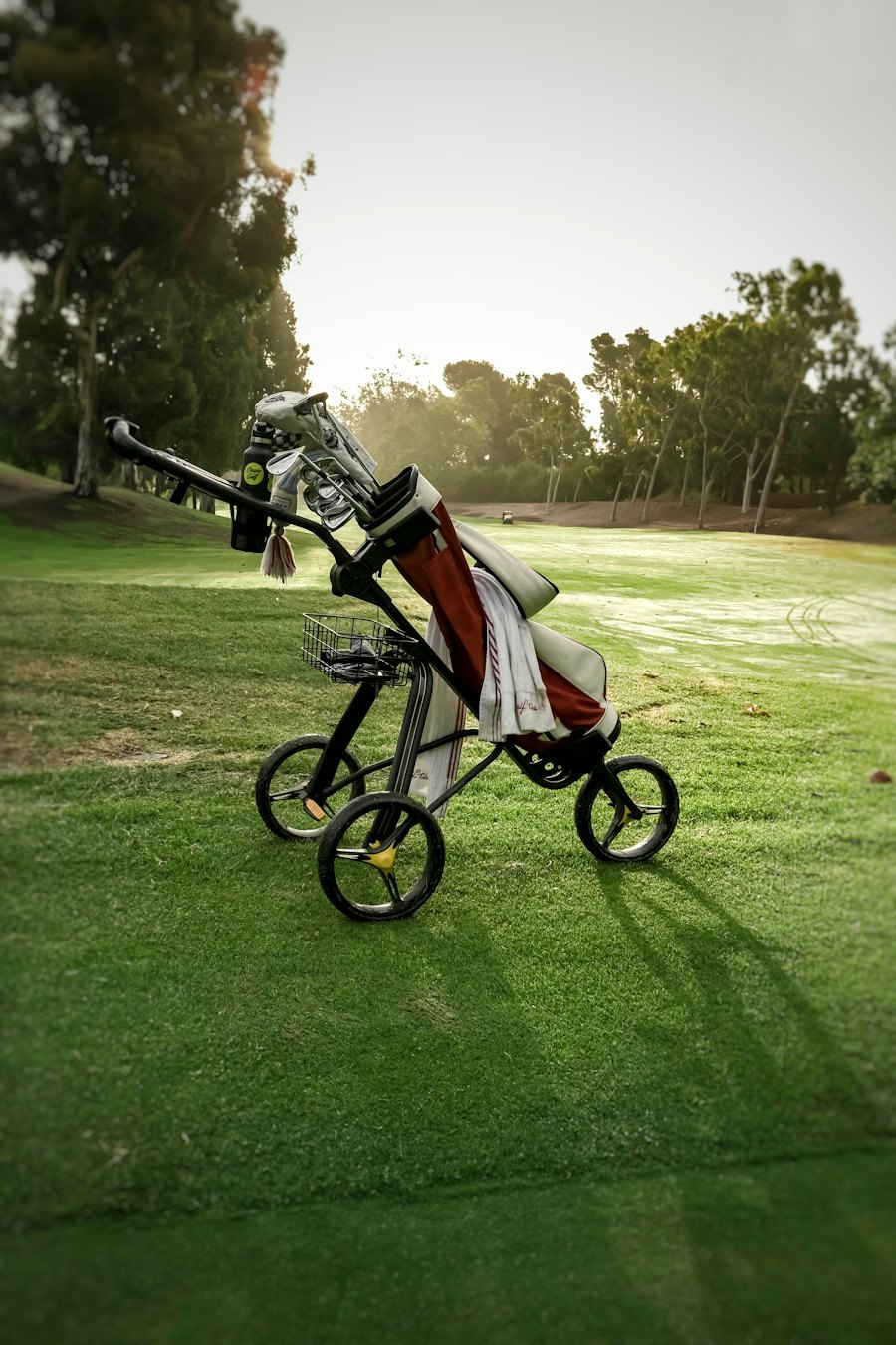 A golf bag on a pull trolley on a fairway in early morning light
